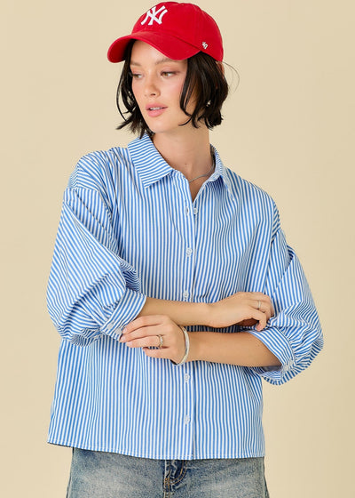 STRIPE THE WAY BUTTON DOWN PUFF SLEEVE SHIRT