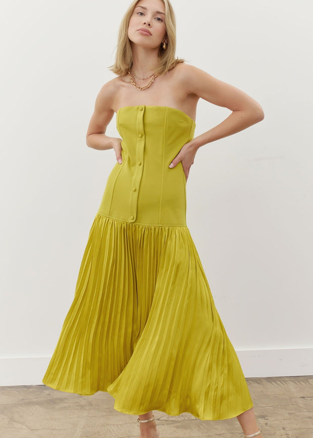 ENVY OF THE ROOM CHARTREUSE STRAPLESS PLEATED DRESS