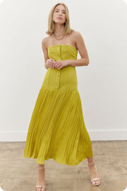 ENVY OF THE ROOM CHARTREUSE STRAPLESS PLEATED DRESS