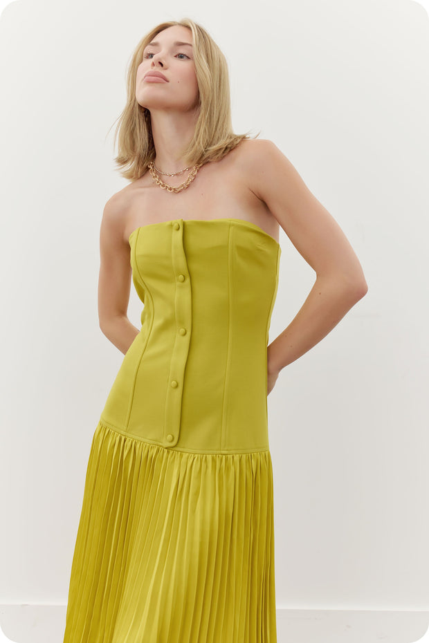 ENVY OF THE ROOM CHARTREUSE STRAPLESS PLEATED DRESS