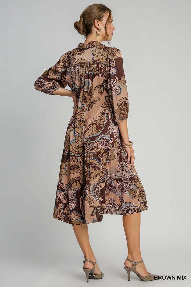 IN THE MIX PAISLEY BROWN MIDI DRESS