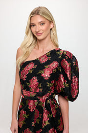 SCARLET BLOSSOM ONE SHOULDER JACQUARD DRESS