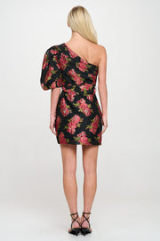 SCARLET BLOSSOM ONE SHOULDER JACQUARD DRESS