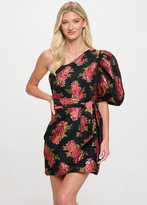 SCARLET BLOSSOM ONE SHOULDER JACQUARD DRESS