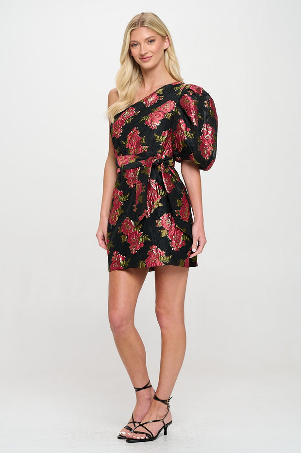 SCARLET BLOSSOM ONE SHOULDER JACQUARD DRESS