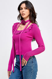 CALL ME FANCY ROSETTE CHOKER SWEATER - MAGENTA