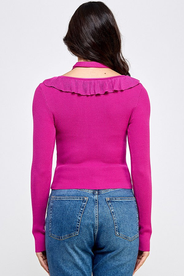 CALL ME FANCY ROSETTE CHOKER SWEATER - MAGENTA