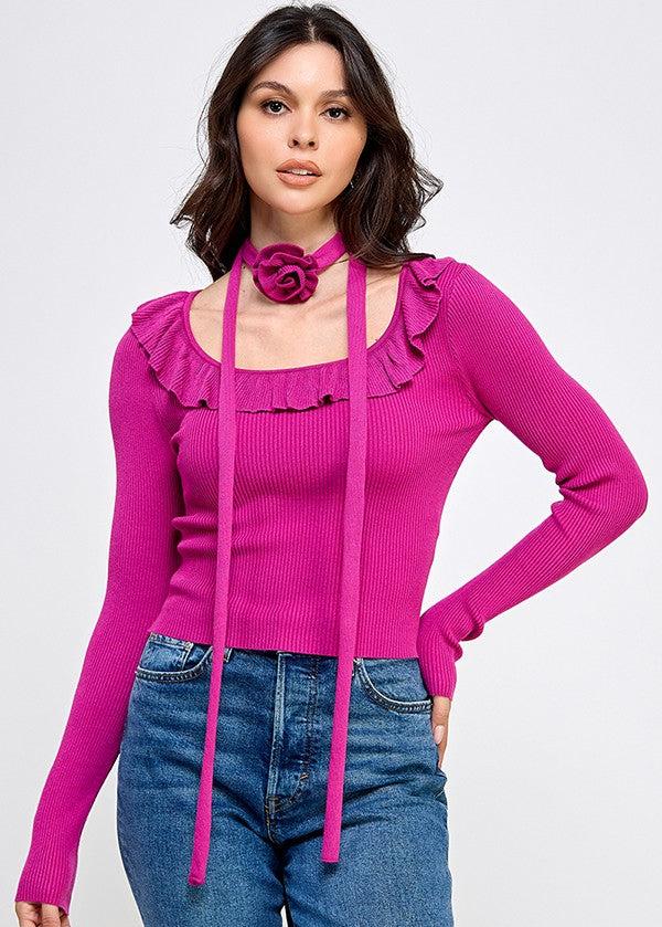 CALL ME FANCY ROSETTE CHOKER SWEATER - MAGENTA