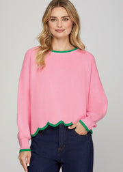 FIXED ON YOU PINK SCALLOP HEM SWEATER