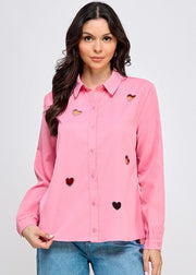 MIDNIGHT KISS PINK HEART CUT OUT RHINESTONE BLOUSE