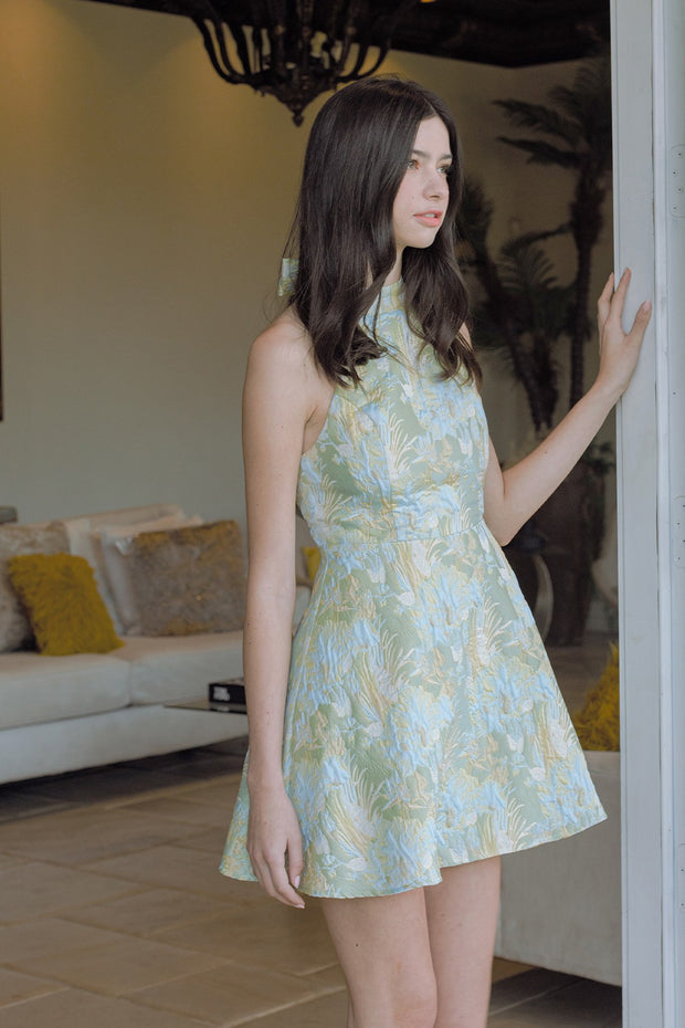VIBRANT FLORAL JAQUARD HALTER DRESS