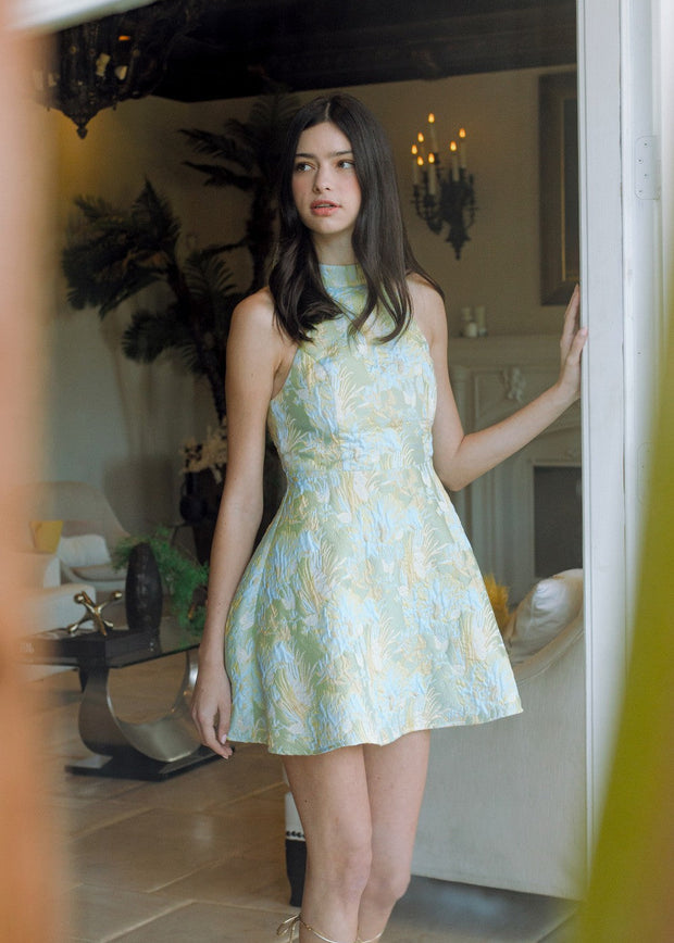 VIBRANT FLORAL JAQUARD HALTER DRESS