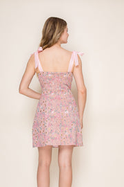 MEADOWS OF PINK JACQUARD MINI DRESS WITH RIBBON TIES