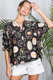DREAMING OF THE BEACH PALM PRINT BLOUSE - BLACK OR OFF WHITE