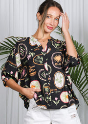 DREAMING OF THE BEACH PALM PRINT BLOUSE - BLACK OR OFF WHITE