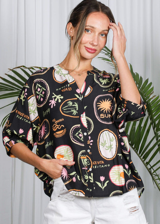 DREAMING OF THE BEACH PALM PRINT BLOUSE - BLACK OR OFF WHITE