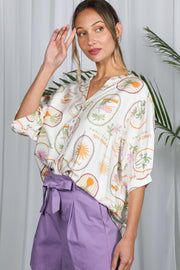 DREAMING OF THE BEACH PALM PRINT BLOUSE - BLACK OR OFF WHITE