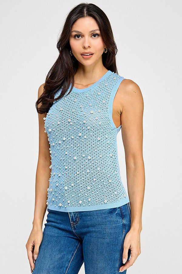 CASUAL CLASS FAUX PEARL CROCHET SWEATER