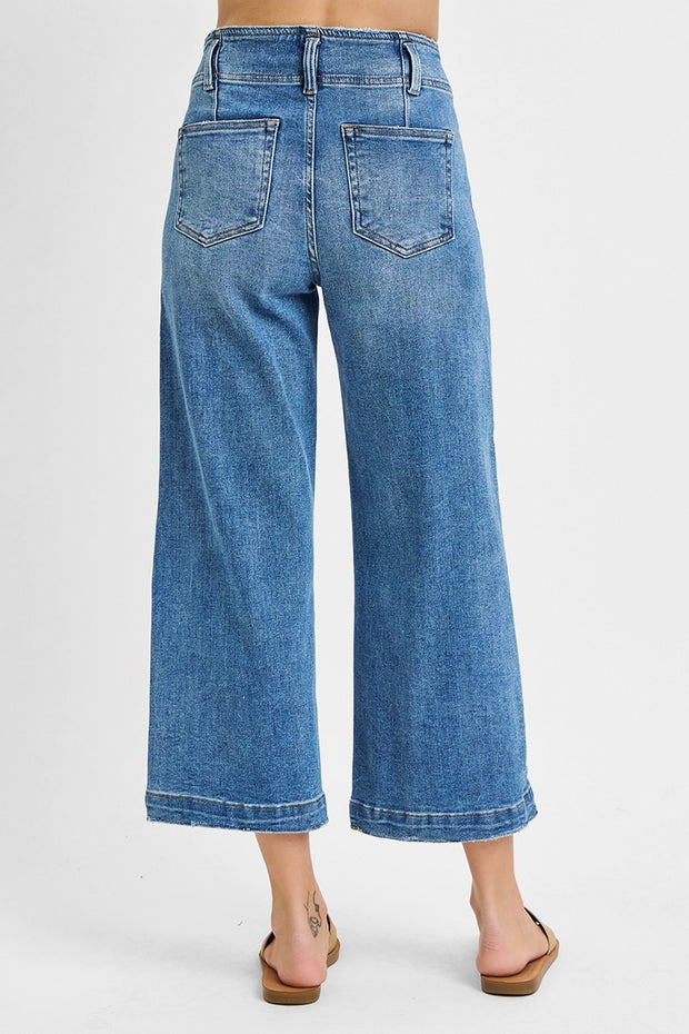 RISEN HIGH RISE CROP WIDE LEG FRONT SEAM JEANS