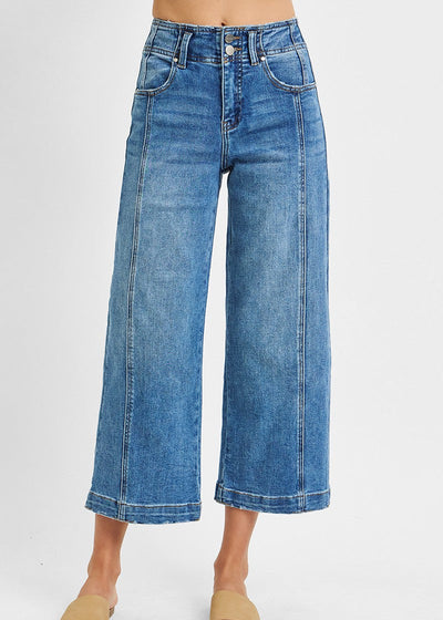 RISEN HIGH RISE CROP WIDE LEG FRONT SEAM JEANS