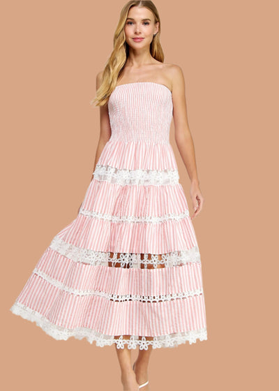 MOMENT OF INSPIRATION PINK SMOCKED STRAPLESS MAXI