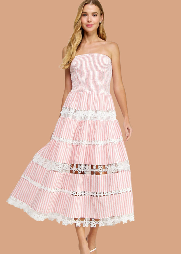 MOMENT OF INSPIRATION PINK SMOCKED STRAPLESS MAXI