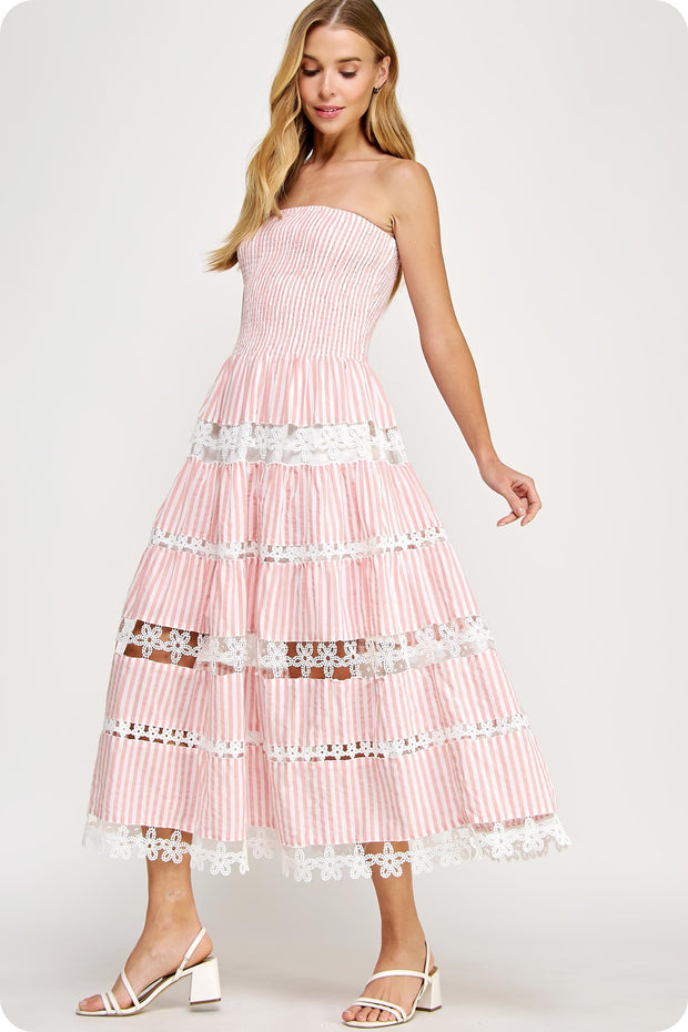 MOMENT OF INSPIRATION PINK SMOCKED STRAPLESS MAXI