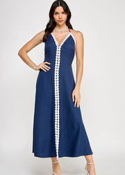 URBAN SOPHISTICATION NAVY EMBROIDERED HALTER DRESS