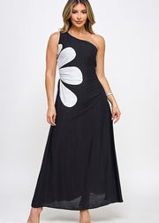SUNNY DESIGN BLACK SIDE CUTOUT FLOWER DETAIL MAXI DRESS