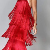 ABSOLUTELY BREATHTAKING FRINGE HALTER MAXI DRESS - BLACK, KHAKI OR RED