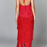 ABSOLUTELY BREATHTAKING FRINGE HALTER MAXI DRESS - BLACK, KHAKI OR RED