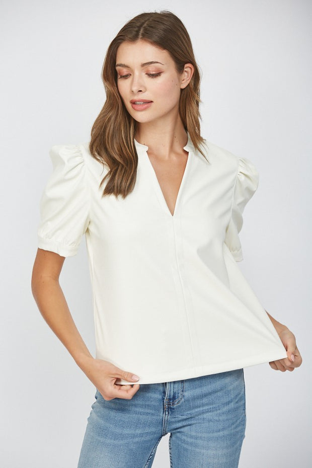 FOR THE RIGHT MOMENT IVORY FAUX LEATHER BLOUSE