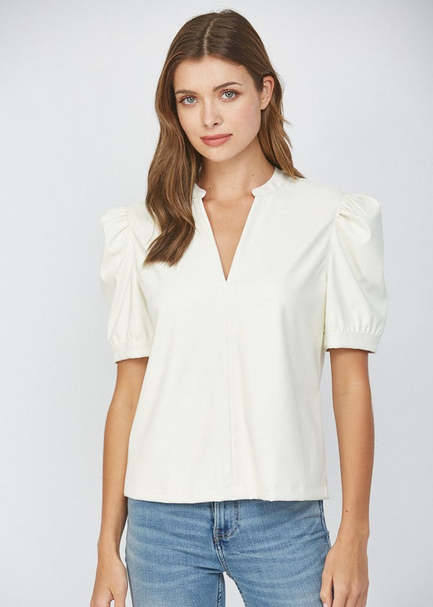 FOR THE RIGHT MOMENT IVORY FAUX LEATHER BLOUSE