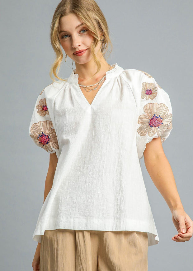 DELICATE DETAILS EMBROIDERED IVORY COTTON BLOUSE