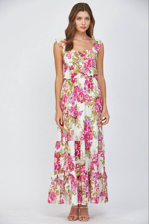 PINK BLOSSOMS FLORAL MAXI DRESS
