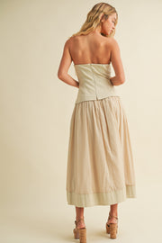 ELEGANT EVENING ECRU CORSET LINED STRAPLESS DRESS