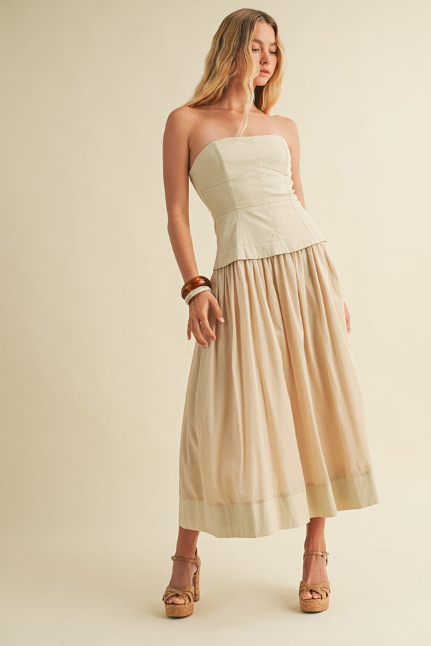ELEGANT EVENING ECRU CORSET LINED STRAPLESS DRESS