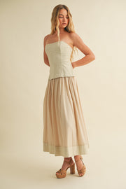 ELEGANT EVENING ECRU CORSET LINED STRAPLESS DRESS