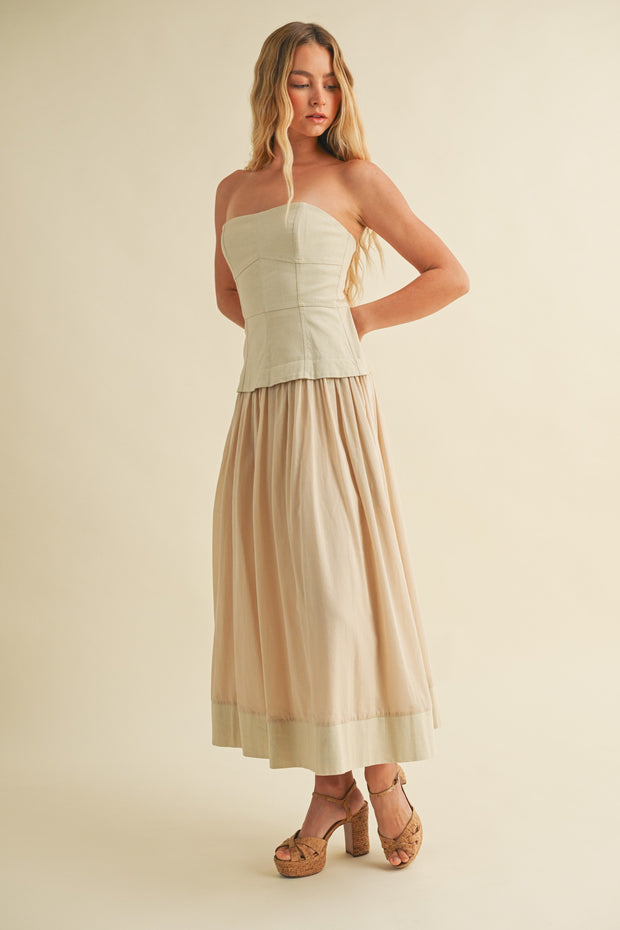 ELEGANT EVENING ECRU CORSET LINED STRAPLESS DRESS