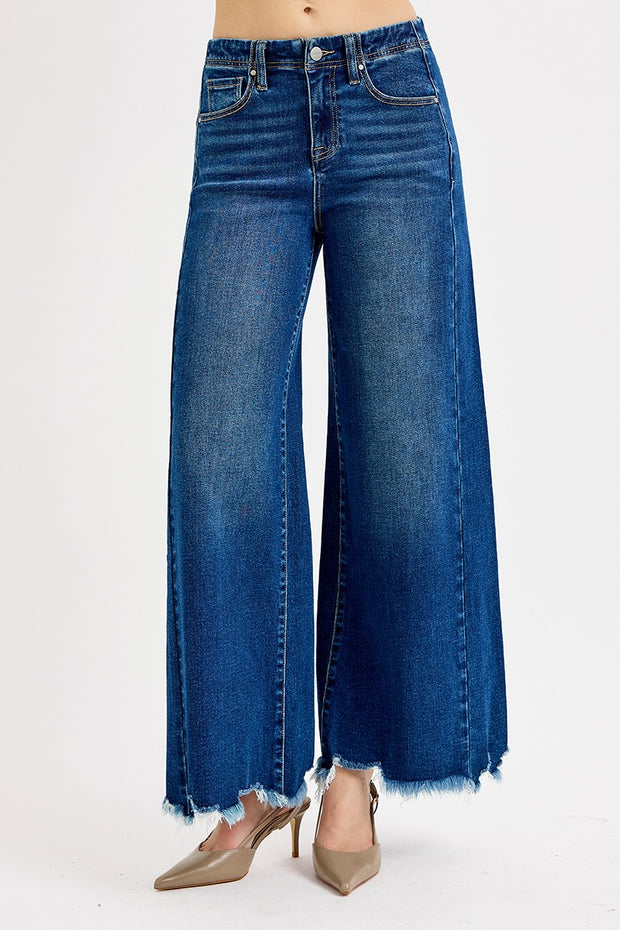 RISEN HIGH RISE ANKLE WIDE LEG JEANS - DARK DENIM OR RED