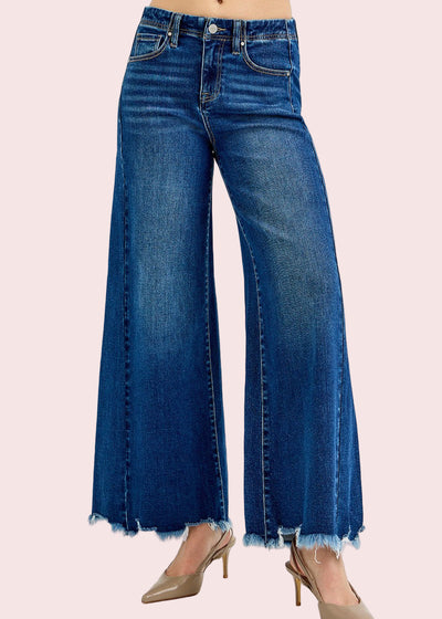 RISEN HIGH RISE ANKLE WIDE LEG JEANS - DARK DENIM OR RED