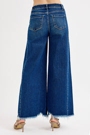 RISEN HIGH RISE ANKLE WIDE LEG JEANS - DARK DENIM OR RED