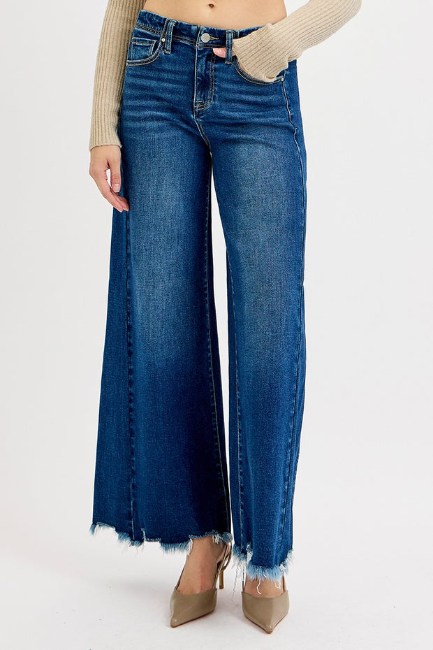 RISEN HIGH RISE ANKLE WIDE LEG JEANS - DARK DENIM OR RED
