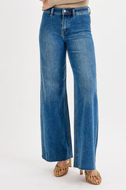 RISEN HIGH RISE WIDE FLARE JEANS - MEDIUM DENIM OR KHAKI