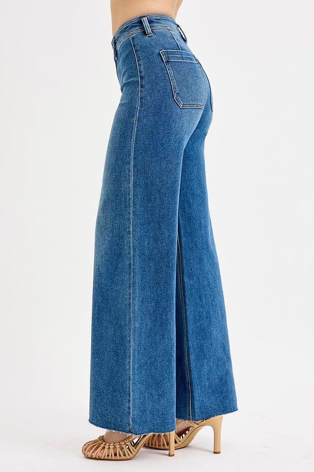 RISEN HIGH RISE WIDE FLARE JEANS - MEDIUM DENIM OR KHAKI