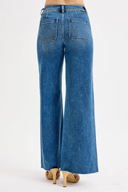 RISEN HIGH RISE WIDE FLARE JEANS - MEDIUM DENIM OR KHAKI