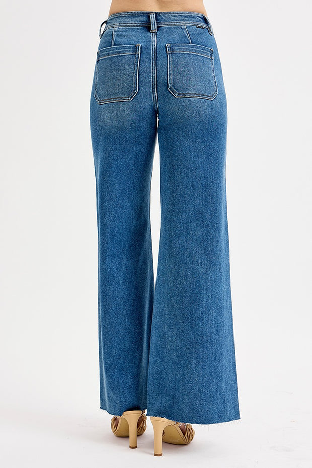 RISEN HIGH RISE WIDE FLARE JEANS - MEDIUM DENIM OR KHAKI