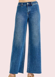 RISEN HIGH RISE WIDE FLARE JEANS - MEDIUM DENIM OR KHAKI