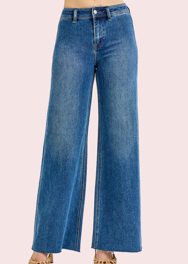 RISEN HIGH RISE WIDE FLARE JEANS - MEDIUM DENIM OR KHAKI