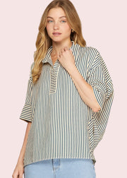 CHARLESTON CHARM OVERSIZED STRIPED BLOUSE - NAVY OR BROWN